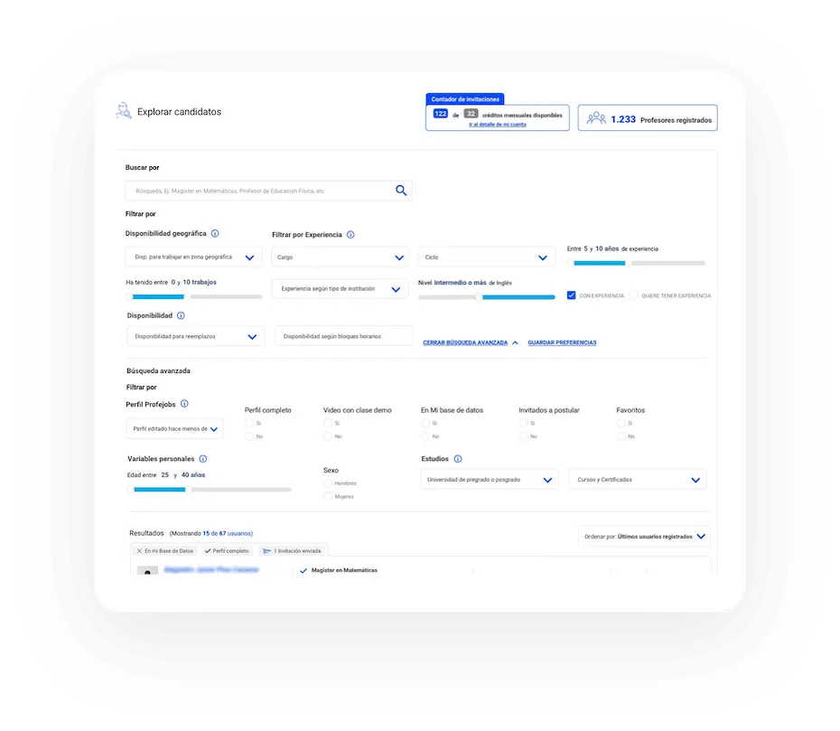 Vista explorar candidatos de ProfeJOBS